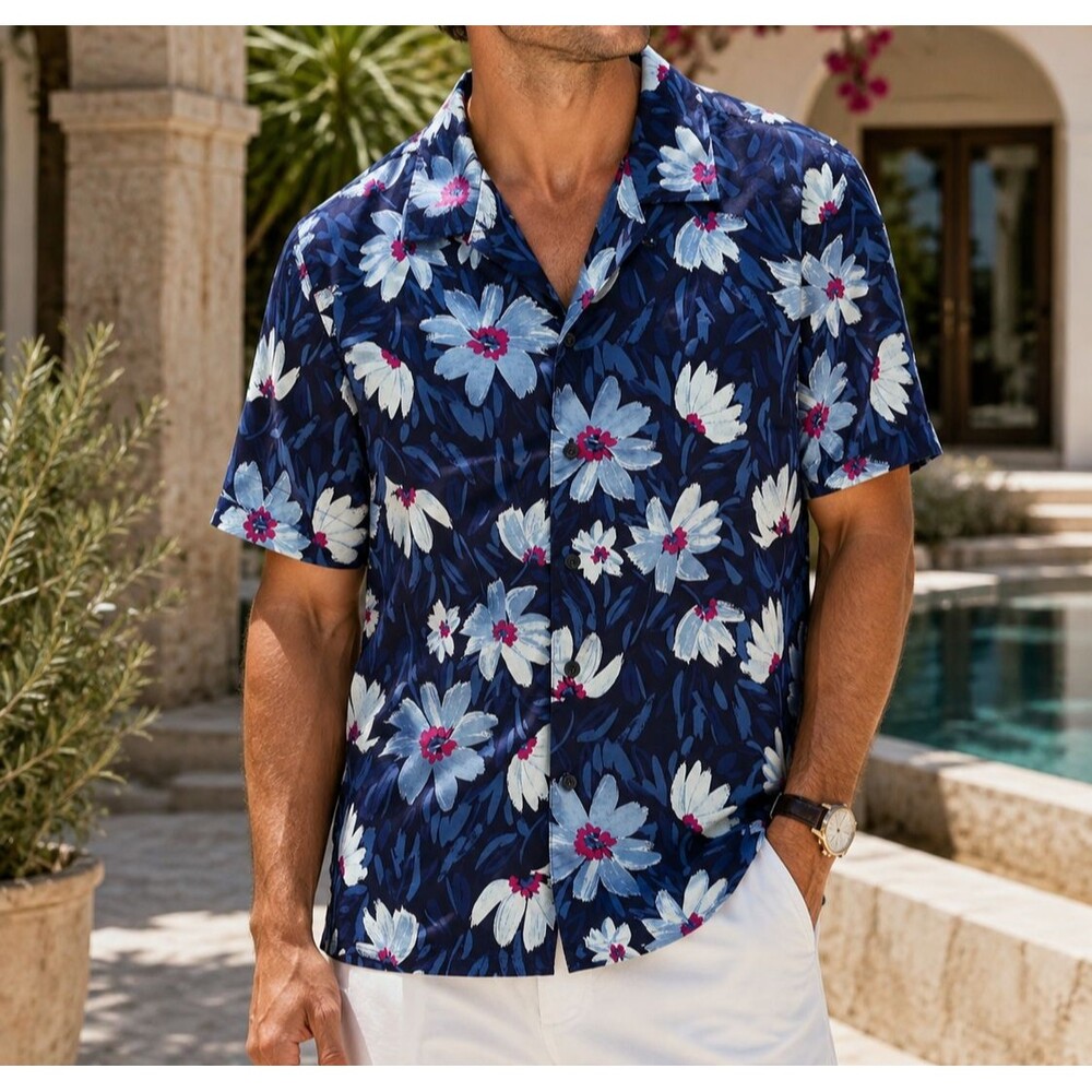 Bonobos Riviera Floral Printed Men's Shirt Hawaiian Short Sleeve Blue M 287732